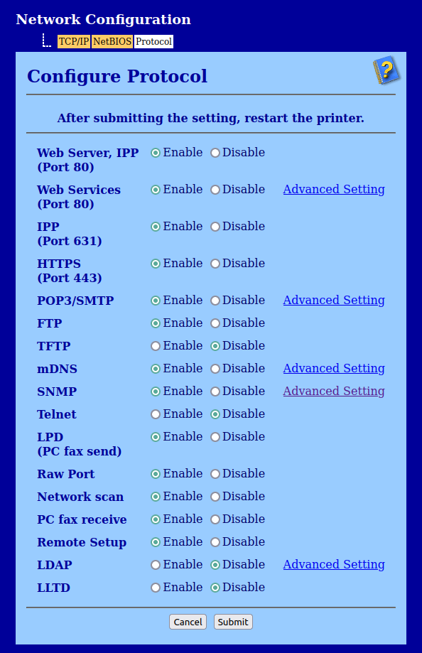 zrzut ekranu z panelu konfiguracyjnego protokołów